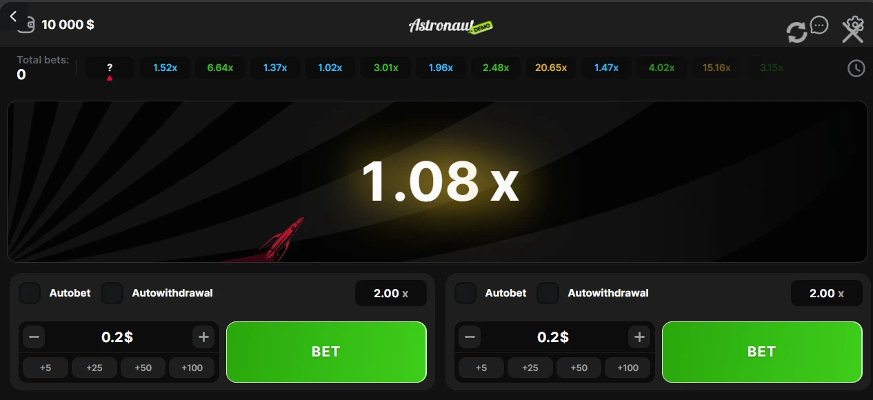 Astronaut game interface showing multipliers and betting options